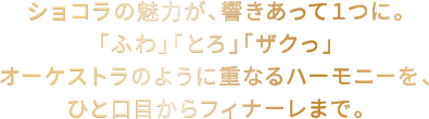 ショコラの魅力が、響きあって１つに。「ふわ」「とろ」「ザクっ」オーケストラのように重なるハーモニーを、ひと口目からフィナーレまで。