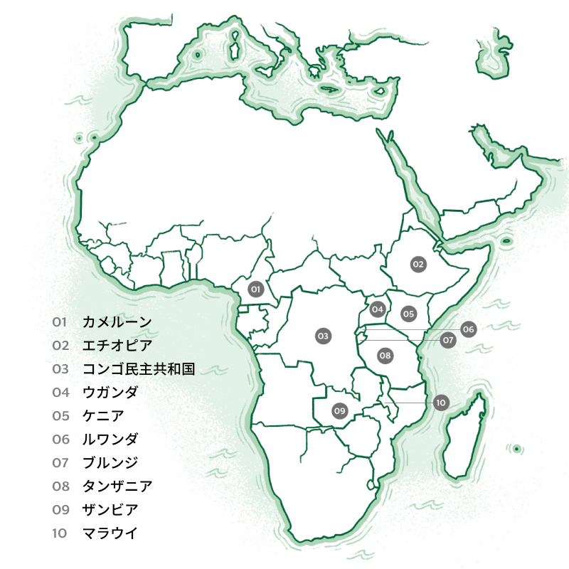 アフリカのコーヒー生産地マップ