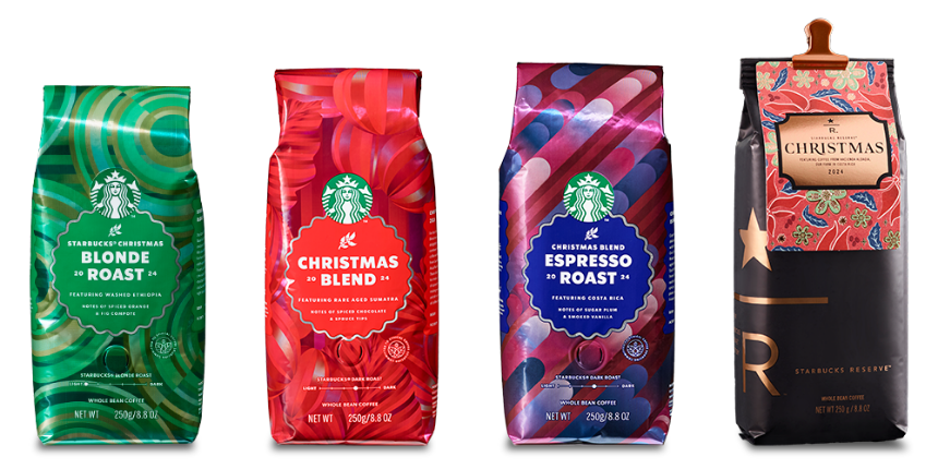 左から ・スターバックス® クリスマス ブロンド ロースト(250g) ・スターバックス® クリスマス ブレンド(250g) ・スターバックス® クリスマス ブレンド エスプレッソ ロースト(250g) ・スターバックス リザーブ® クリスマス 2024(250g)